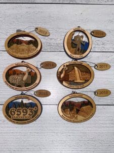 six wooden ornaments