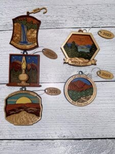 five wooden ornaments