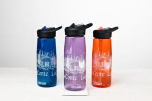leconte lodge camelbak water bottle in blue, purple, and orange.