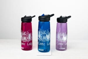 leconte lodge camelbak water bottle in red, blue, and purple.