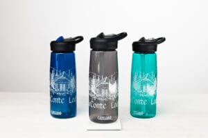 leconte lodge camelbak water bottle in blue, gray, and teal.